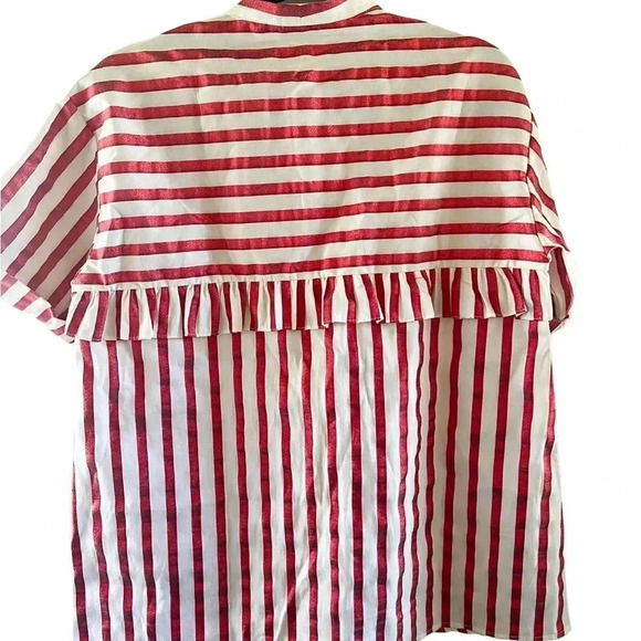 Zara Red White Shimmer Pinstripe Button Up Sz M Back Ruffles 4th of July - Picture 2 of 5